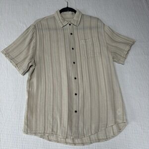 Katin Men L Shirt Button Up Short Sleeve Ivory Cream Cotton Linen Striped Resort